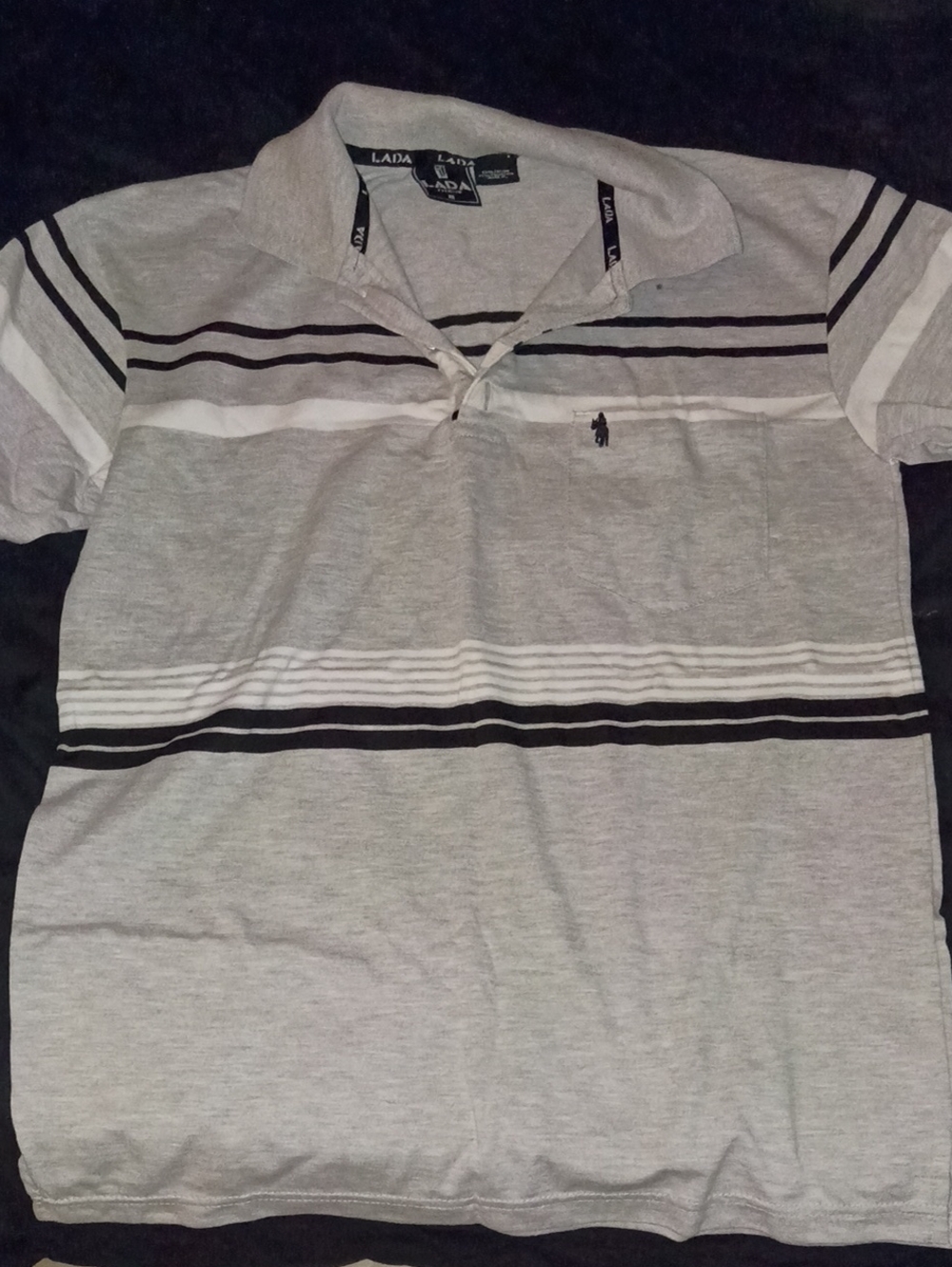 Ada Men's Light Gray Polo with Black & White Stripes